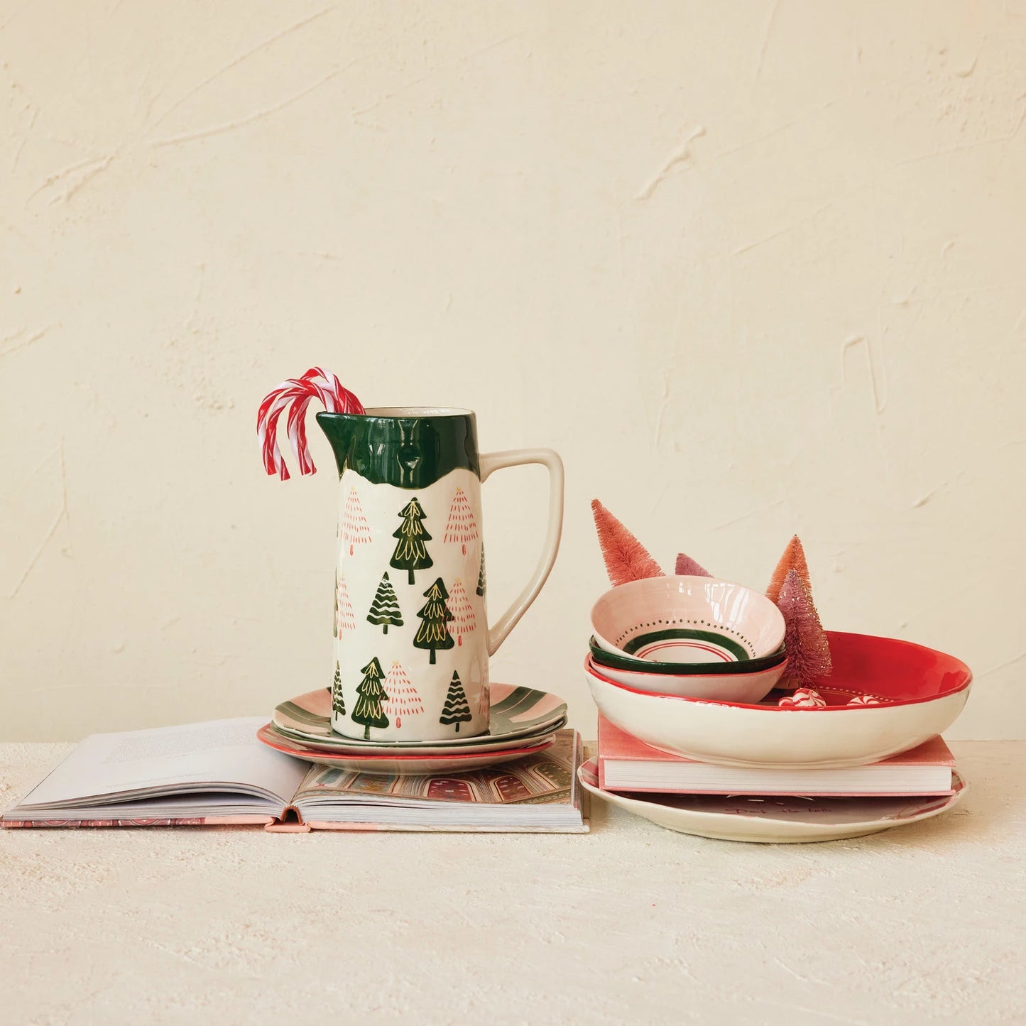 Hand-Painted Stoneware Pitcher with Trees