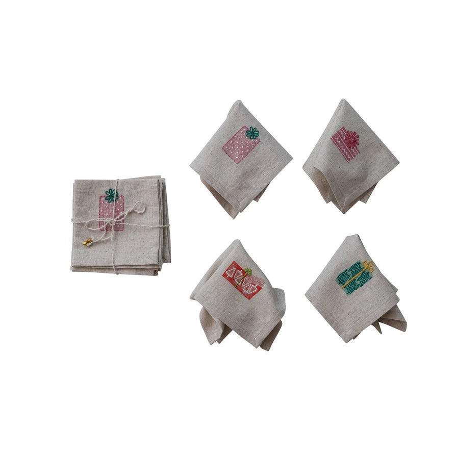 Cocktail Napkins, Set of 4 Tied with Twine & Jingle Bell
