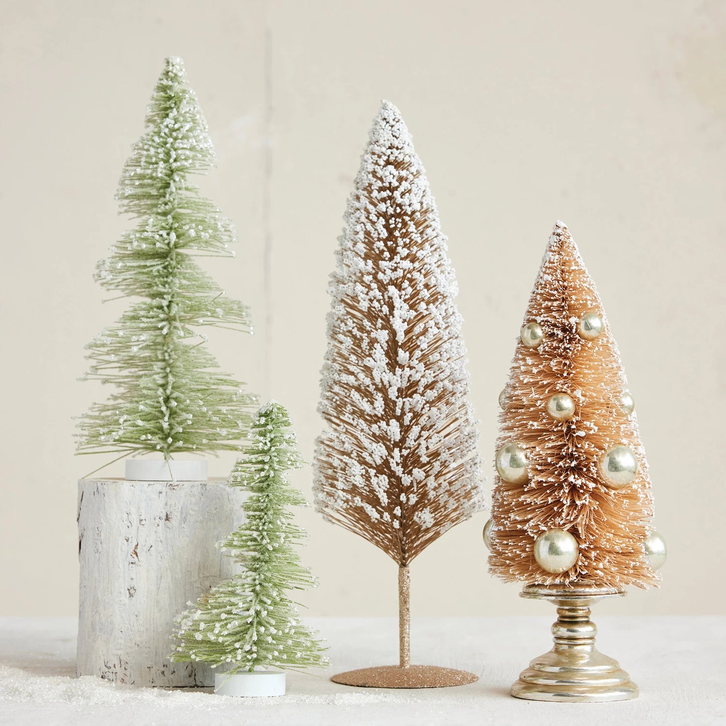 Plastic Bottle Brush Tree with Wood Base, Snow Finish, Sage Color