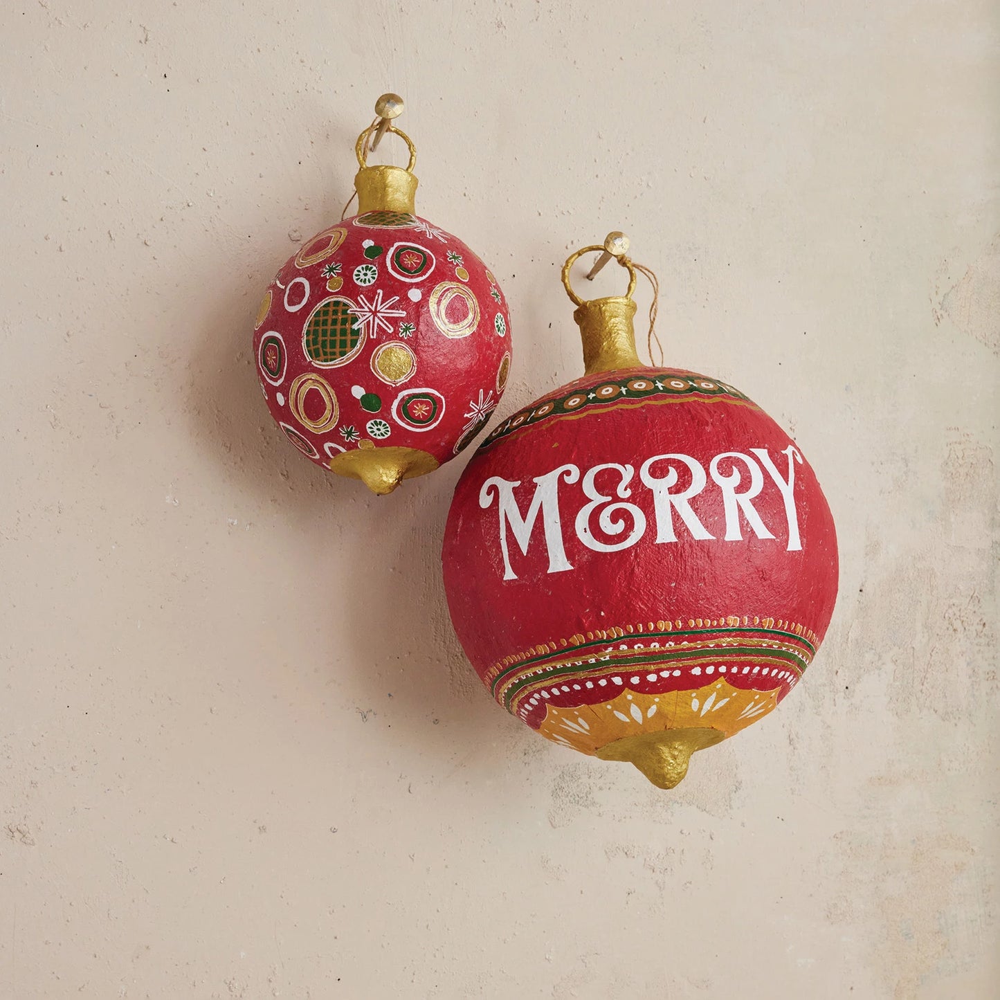 <In Store Purchase Only> Hand-Painted Metal & Paper Mache Ornament, Red & Green