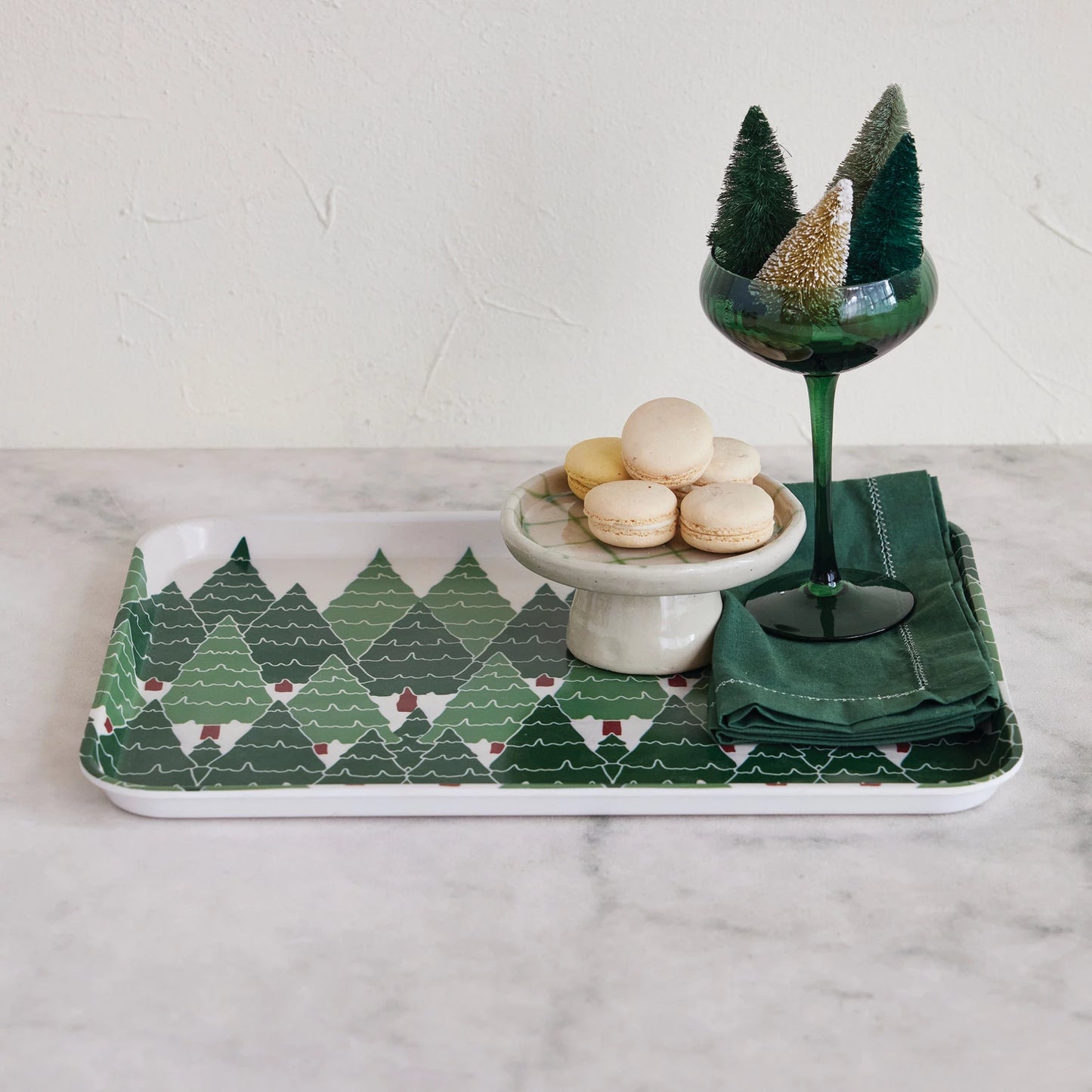 15''L x 11"W Bamboo Fiber Tray with Trees Pattern, Green & White