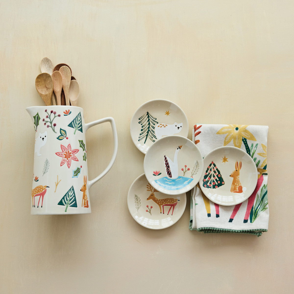 2 Quart Hand-Painted Stoneware Pitcher with Wax Relief Animals & Seasonal Botanicals ©