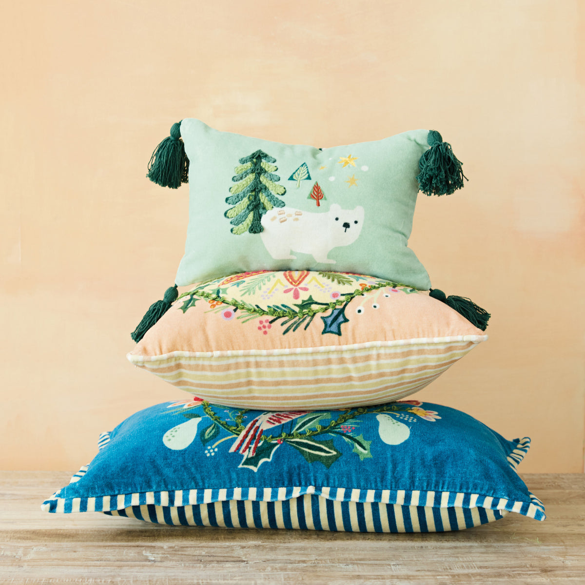 Cotton Printed Lumbar Pillow with Embroidery, Tassels & Striped Back ©