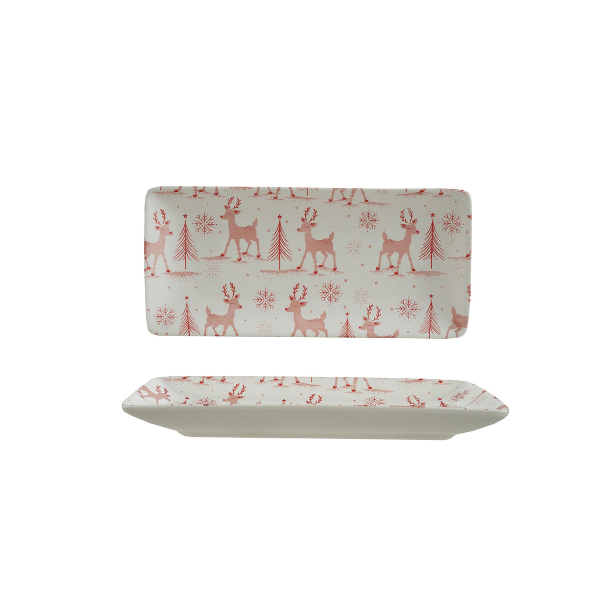 Stoneware Platter with Reindeer, Trees & Snowflakes Pattern, White & Pink