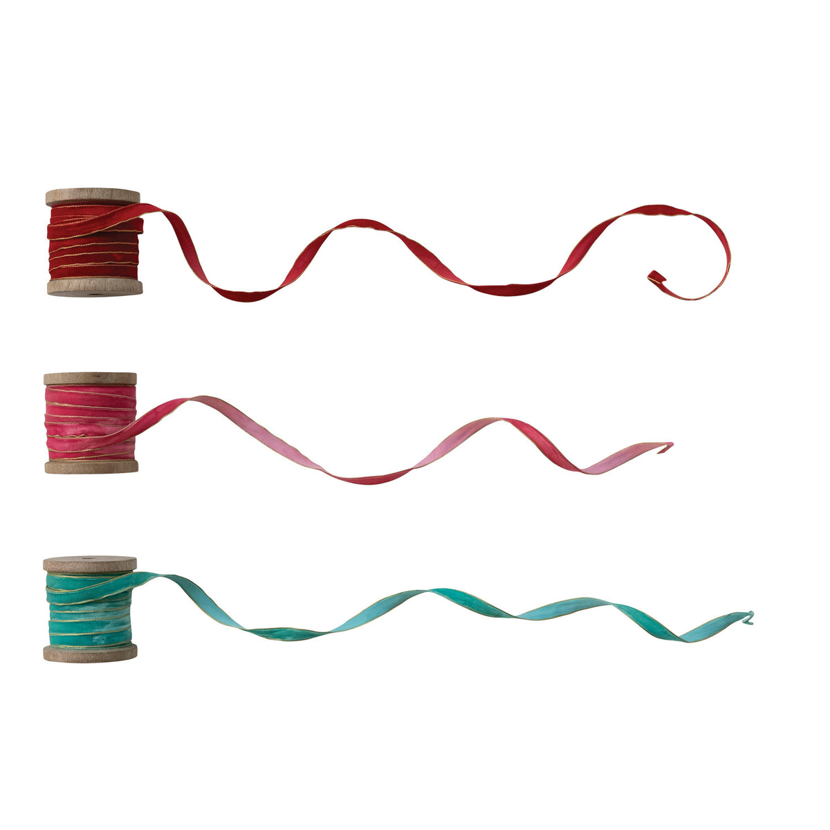 10 Yard 1/4"W Velvet Ribbon with Metallic Gold Edges on Wood Spool, 3 Colors