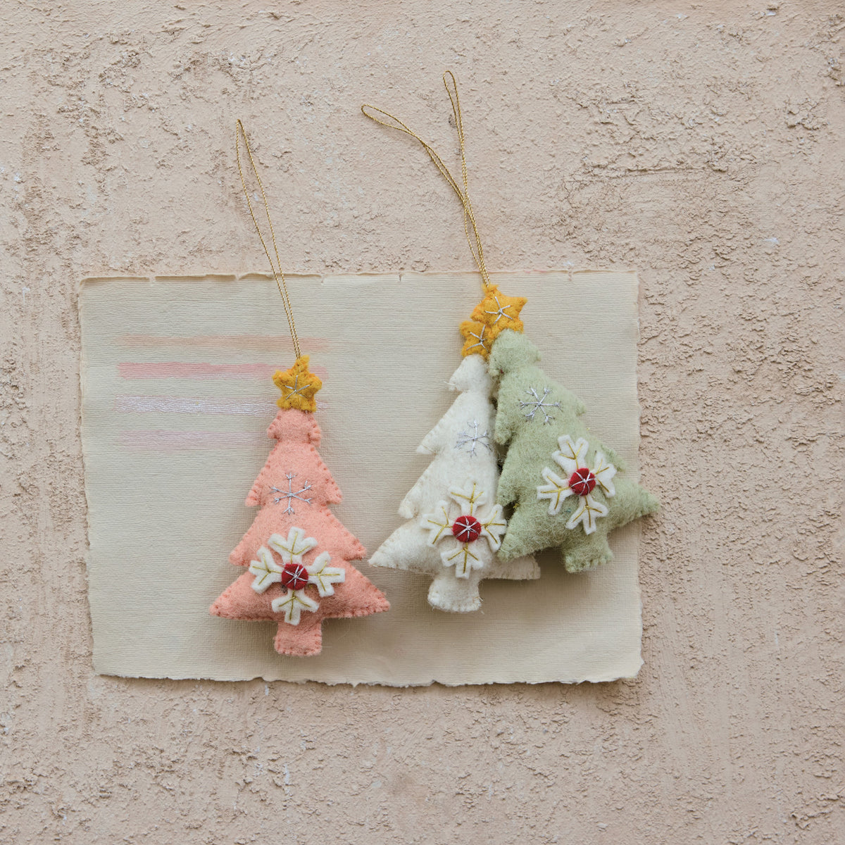 Handmade Wool Felt Tree Ornament with Star, Snowflake & Embroidery, 3 Colors