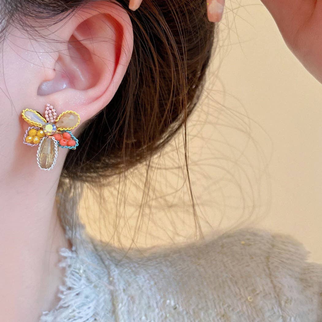 Yellow Colorful Beaded Flower Earrings - La Vie Est Belle