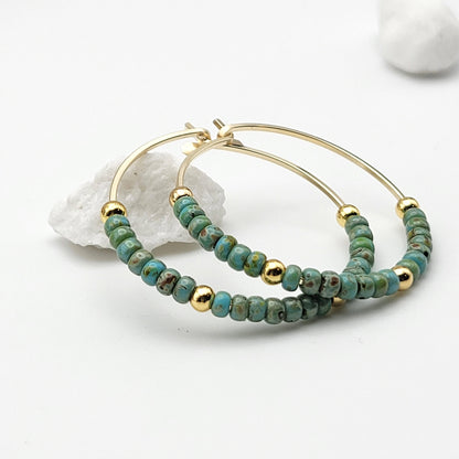 Gold Filled Boho Hoop with Turquoise Beads - Summer Earrings