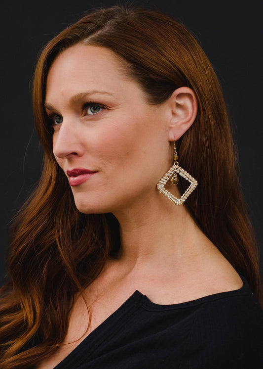 Tan & Gold Diamond Dangle Earrings