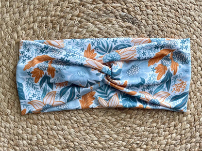 Blue Floral Leaves Knit Twist Headband