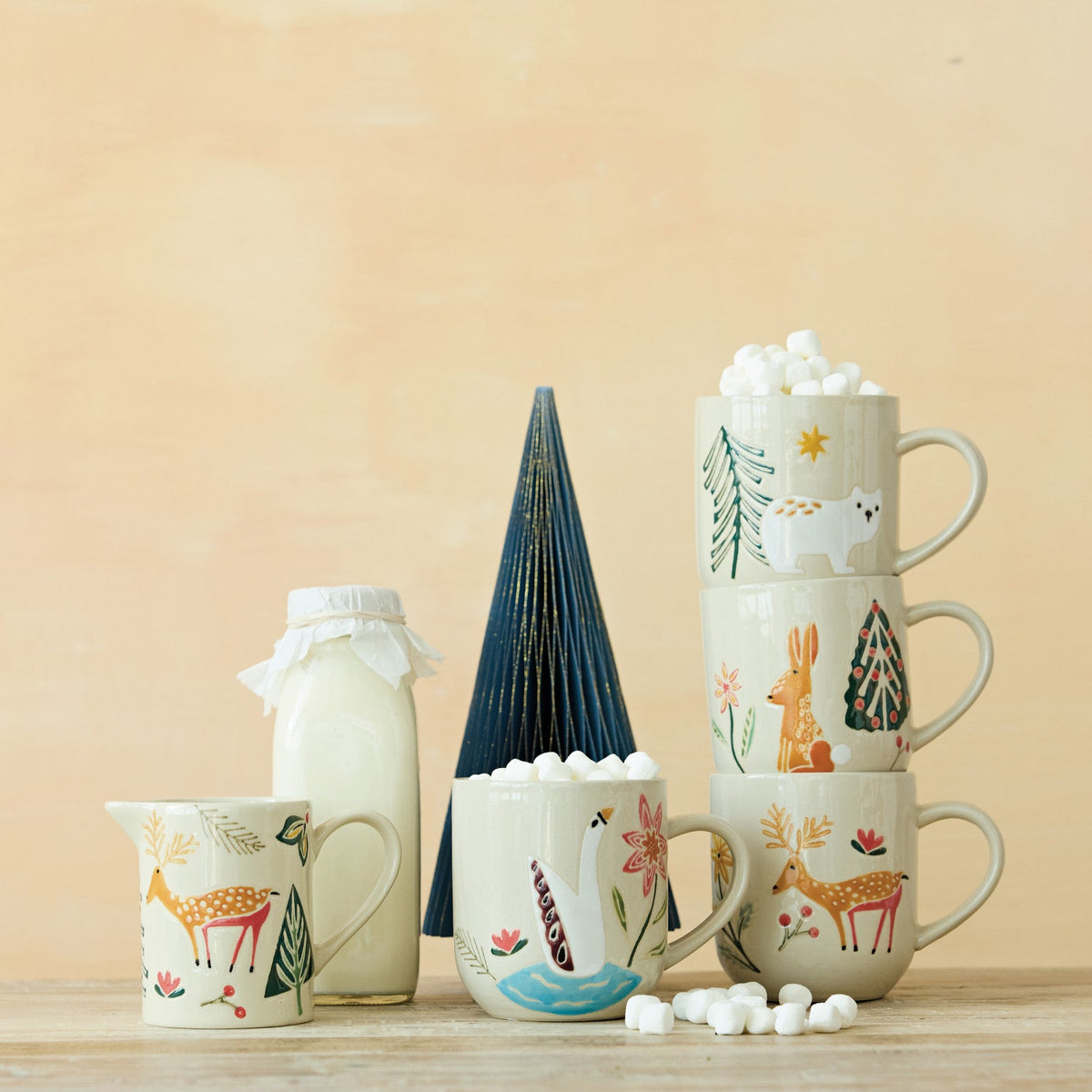 12 oz. Hand-Painted Stoneware Mug with Wax Relief Animal & Seasonal Botanicals, 4 Styles - La Vie Est Belle