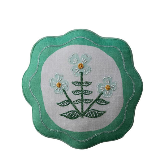 13 - 1/2" Round Cotton Scalloped Pillow with Embroidery & Velvet Back - La Vie Est Belle