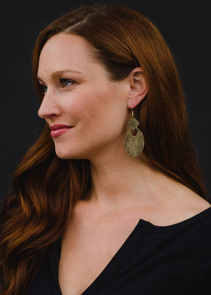 Gold Textured Oval Geometric Earrings