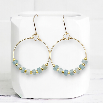 Gold Hoop Earrings with Aquamarine Gemstones