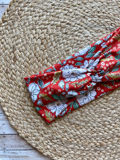 Red Christmas Blossoms Knit Twist Headband