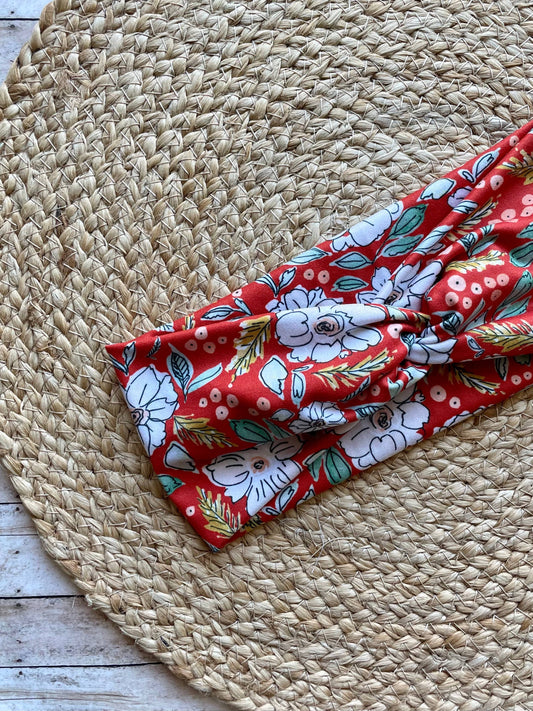Red Christmas Blossoms Knit Twist Headband