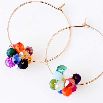14K Gold Filled Hoop With Colorful Crystal Cluster Beads - La Vie Est Belle