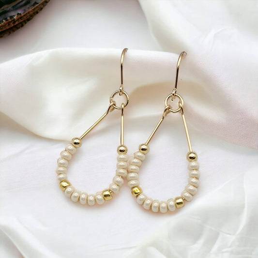 14k Gold Filled Teardrop Hoop Earrings with Pearl Seed Beads - La Vie Est Belle