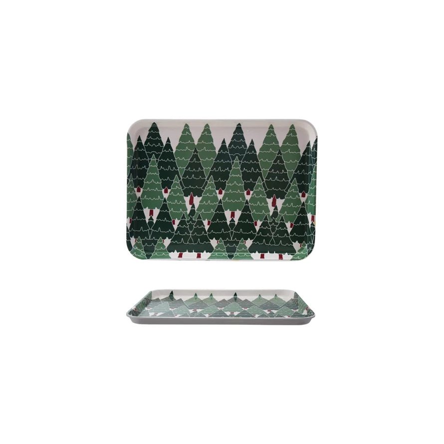 15''L x 11"W Bamboo Fiber Tray with Trees Pattern, Green & White - La Vie Est Belle