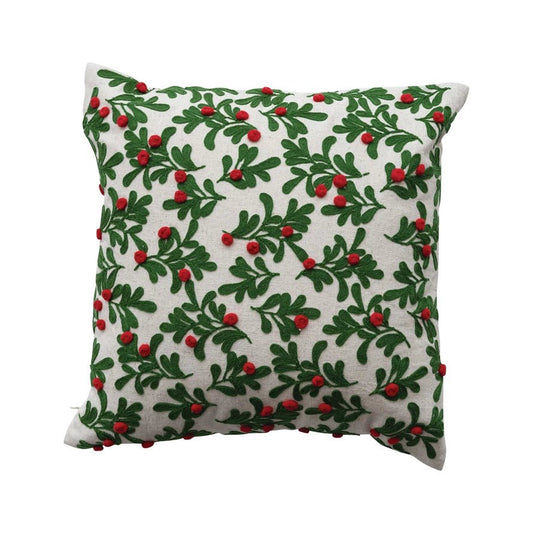 16" Square Cotton & Linen Pillow with Embroidered Mistletoe Pattern - La Vie Est Belle