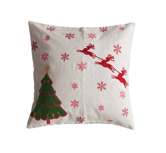 18" Square Cotton & Linen Printed Pillow w/ Reindeer, Embroidered Snowflakes & Tree - La Vie Est Belle