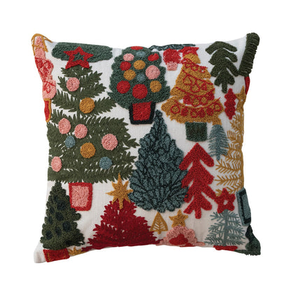 18" Square Cotton Slub Pillow with Embroidered Christmas Trees & Tufting - La Vie Est Belle