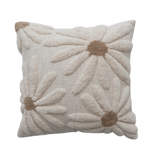 18" Square Cotton Slub Pillow with Tufted Flowers - La Vie Est Belle