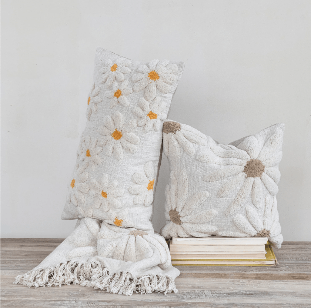 18" Square Cotton Slub Pillow with Tufted Flowers - La Vie Est Belle
