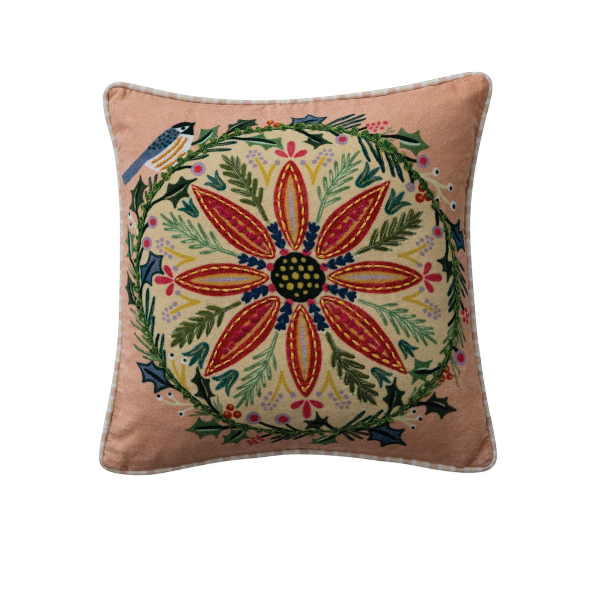 18" Square Cotton Velvet Printed Pillow with Striped Piping & Back - La Vie Est Belle