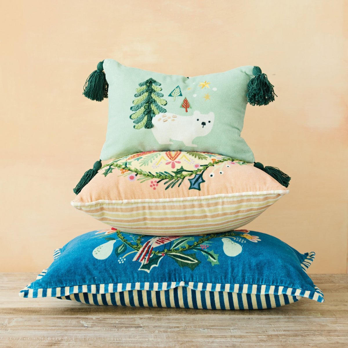 18" Square Cotton Velvet Printed Pillow with Striped Piping & Back - La Vie Est Belle