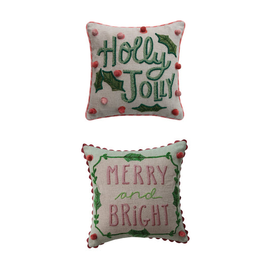 18" Square Linen Printed Pillow with Saying, Embroidery & Ric Rac Trim, 2 Styles - La Vie Est Belle