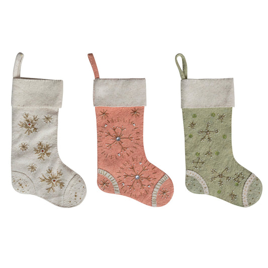 18"H Handmade Wool Felt Stocking with Embroidery & Beads, 3 Styles - La Vie Est Belle