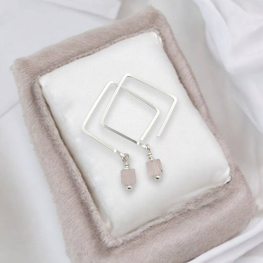 Modern Geometric Square Threader Earrings with Rose Quartz