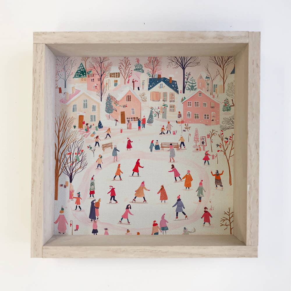 Ice Skating Winter Town  - Cute Winter Canvas Art - Framed