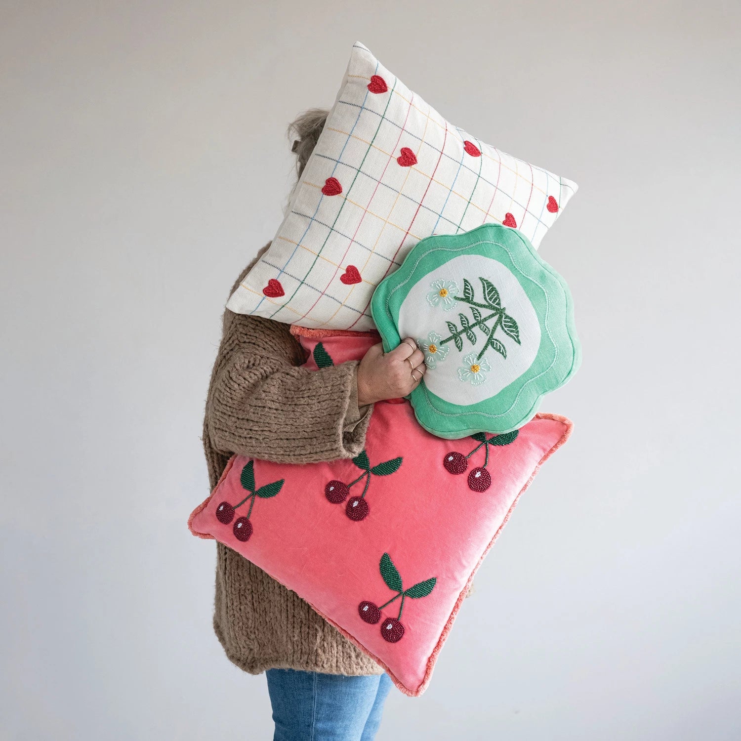 20" Square Cotton Velvet Pillow with Hand - Beaded Cherries & Tufted Fringe, Pink, Red & Green - La Vie Est Belle
