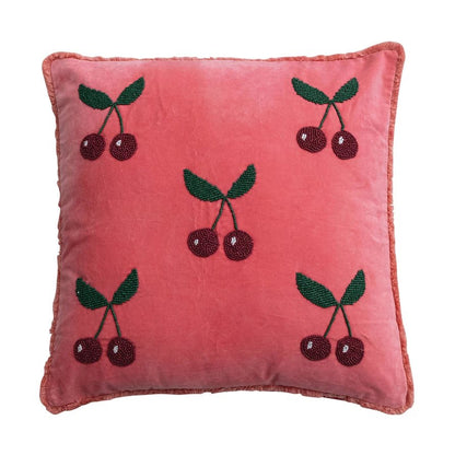 20" Square Cotton Velvet Pillow with Hand - Beaded Cherries & Tufted Fringe, Pink, Red & Green - La Vie Est Belle