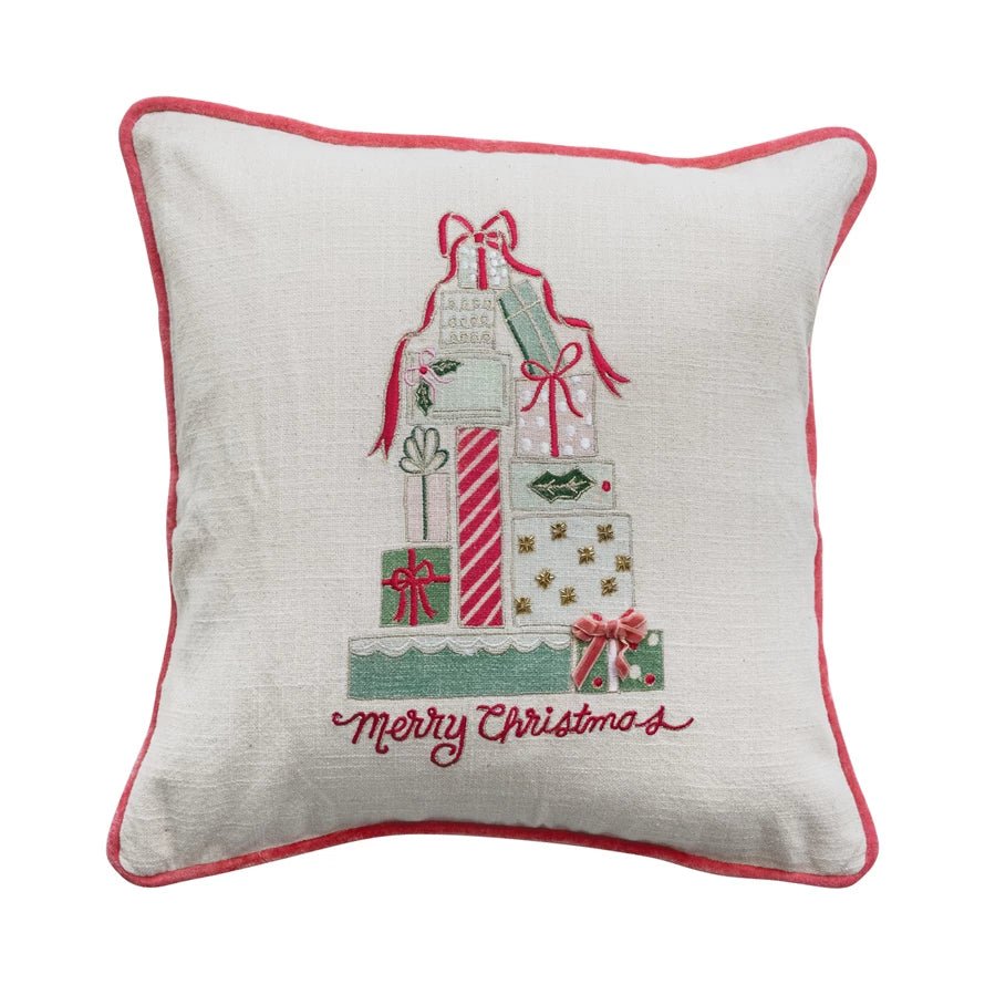 20" Square Pillow with Gifts, Embroidery, Piping & Velvet Back - La Vie Est Belle