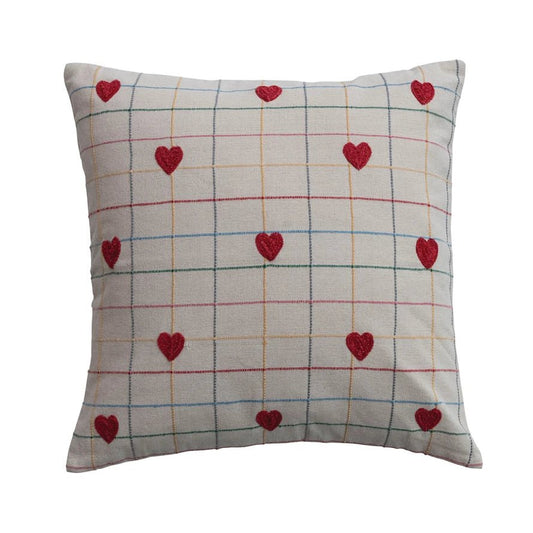 20" Square Woven Cotton Pillow with Grid Pattern & Embroidered Hearts - La Vie Est Belle