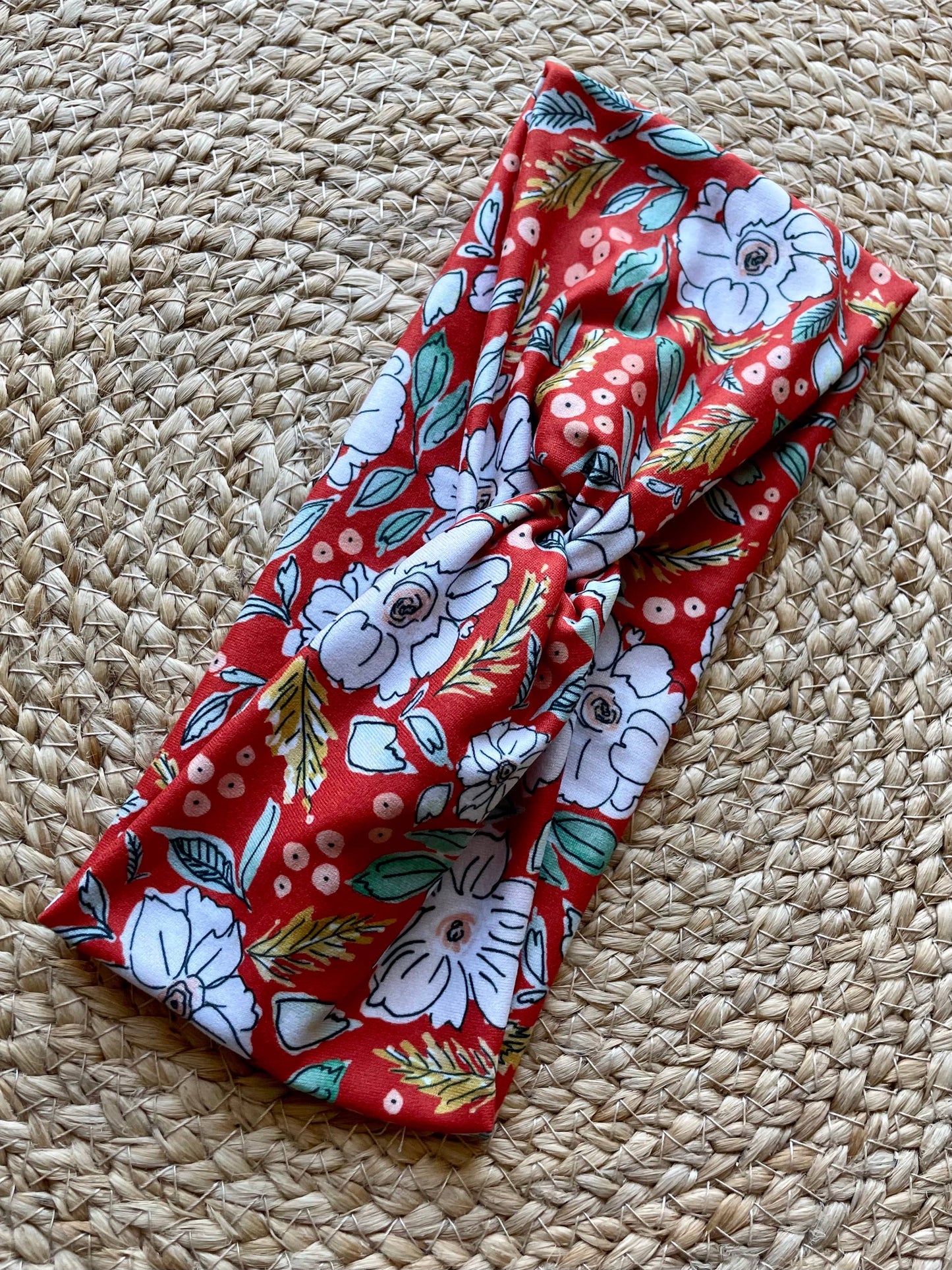 Red Christmas Blossoms Knit Twist Headband