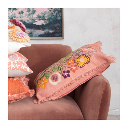 24"L x 16"H Cotton Lumbar Pillow w/ Embroidered Flowers & Eyelash Fringe - La Vie Est Belle