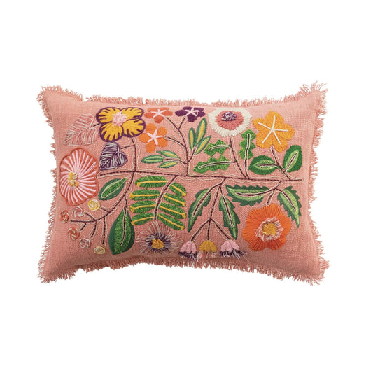 24"L x 16"H Cotton Lumbar Pillow w/ Embroidered Flowers & Eyelash Fringe - La Vie Est Belle