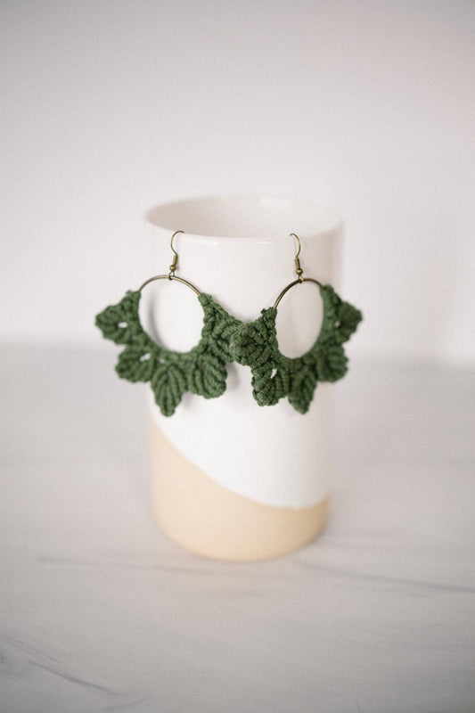 Woven Macrame Boho Leaf Earrings- Olive