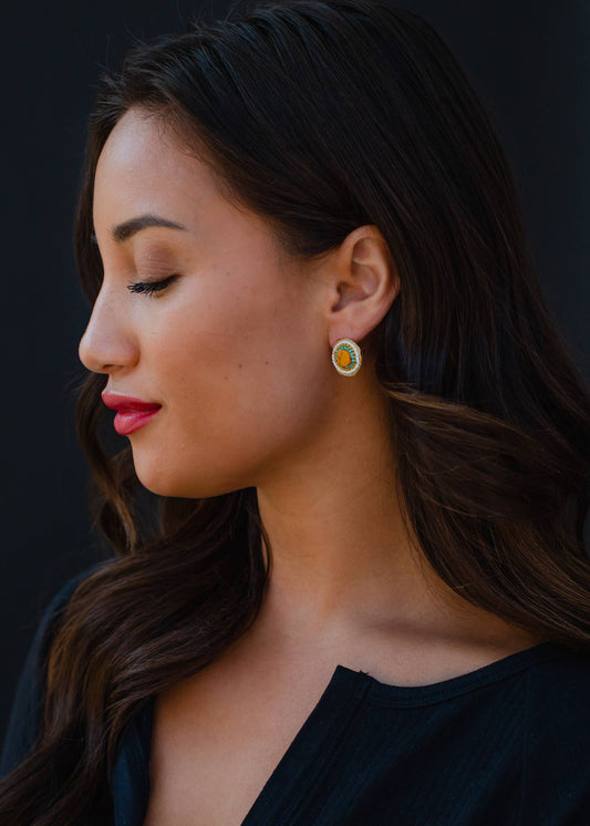 Mustard, Ivory & Teal Beaded Stud Earrings