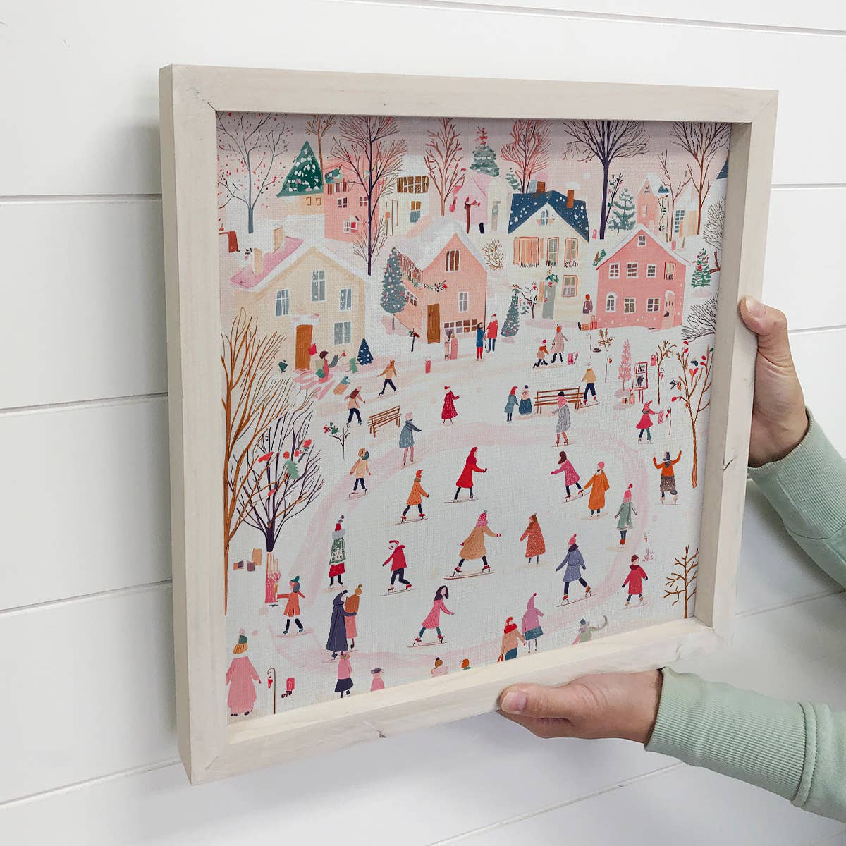 Ice Skating Winter Town  - Cute Winter Canvas Art - Framed