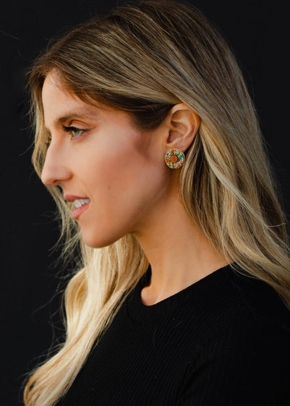 Lt. Green, Pink & Teal Beaded Stud Earrings