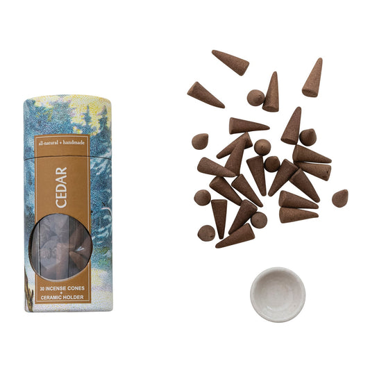 30 Piece All Natural Cedar Scented Incense Cones with Incense Holder, Set of 31 - La Vie Est Belle