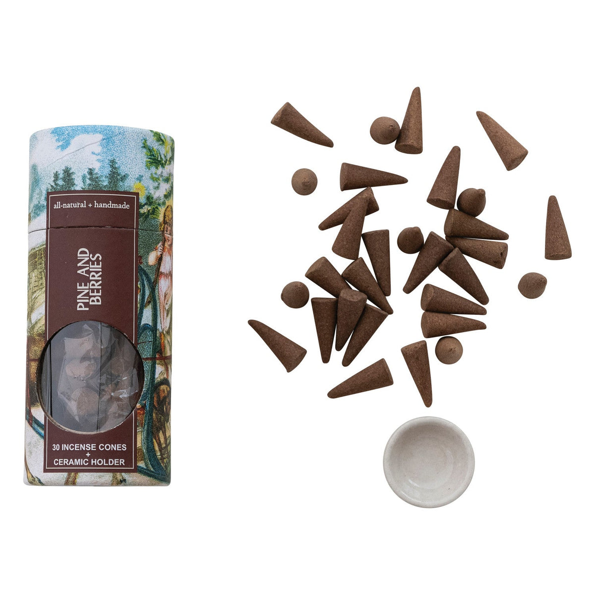 30 Piece All Natural Pine & Berries Scented Incense Cones with Incense Holder, Set of 31 - La Vie Est Belle
