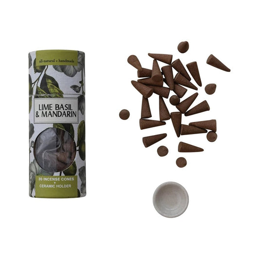 30 Piece Lime Basil & Mandarin Scented Incense Cones with Holder, Set of 31 - La Vie Est Belle