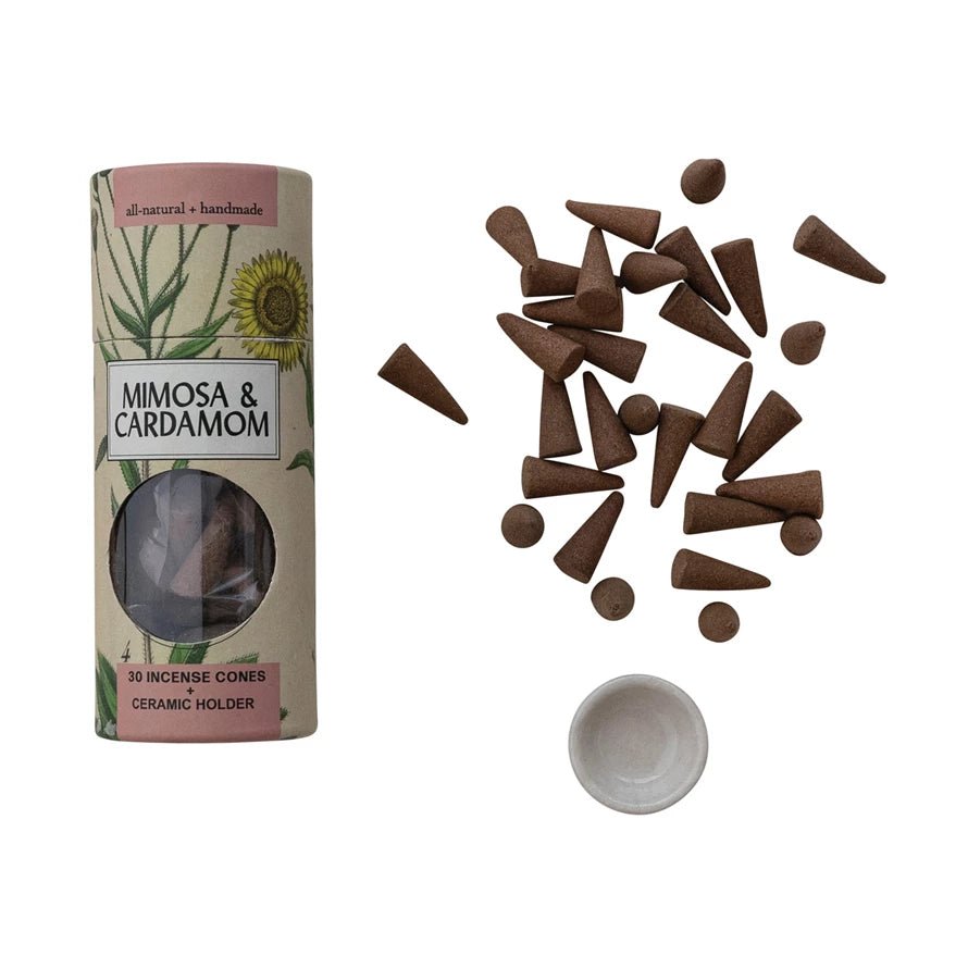 30 Piece Mimosa & Cardamom Scented Incense Cones with Ceramic Incense Holder, Set of 31 - La Vie Est Belle