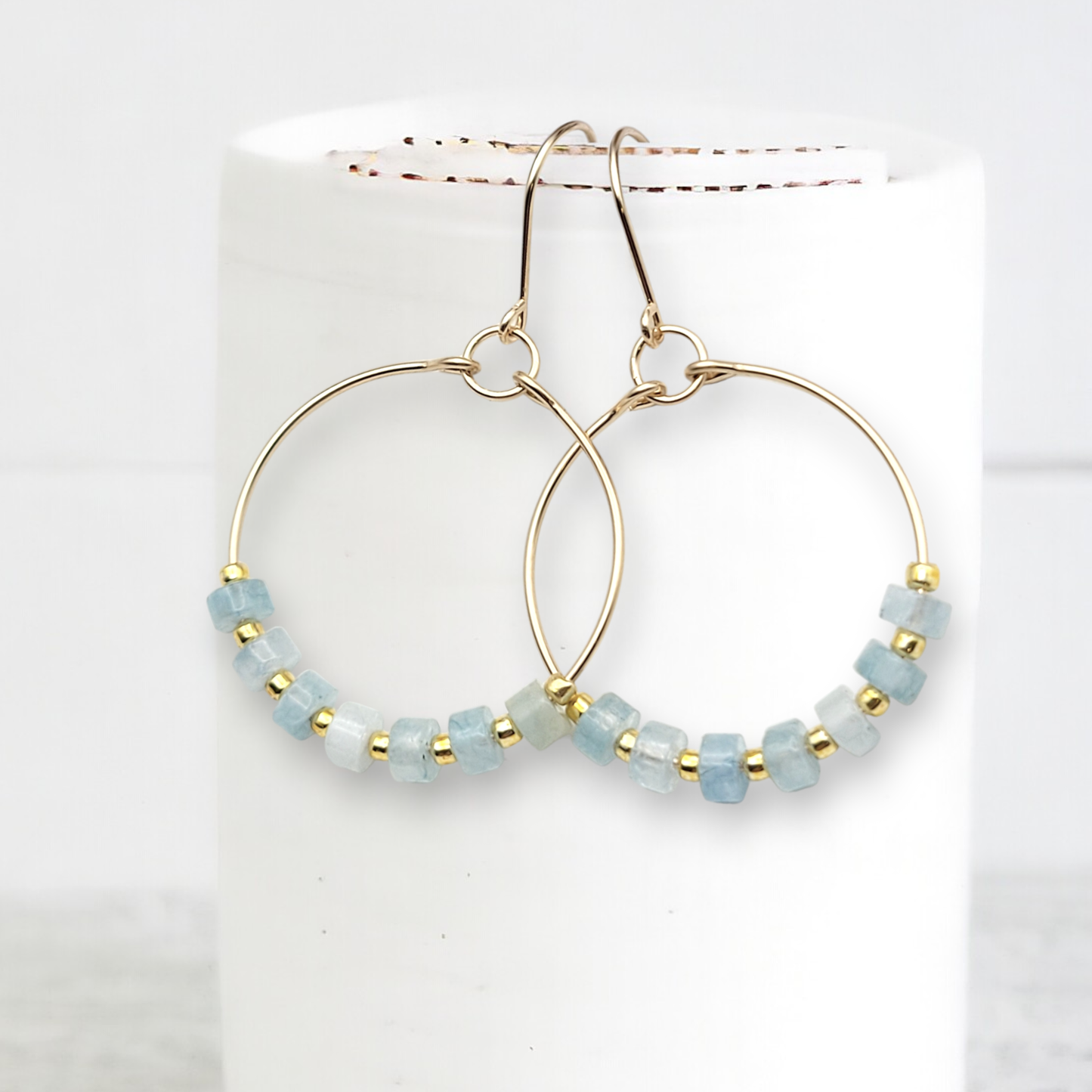 Gold Hoop Earrings with Aquamarine Gemstones